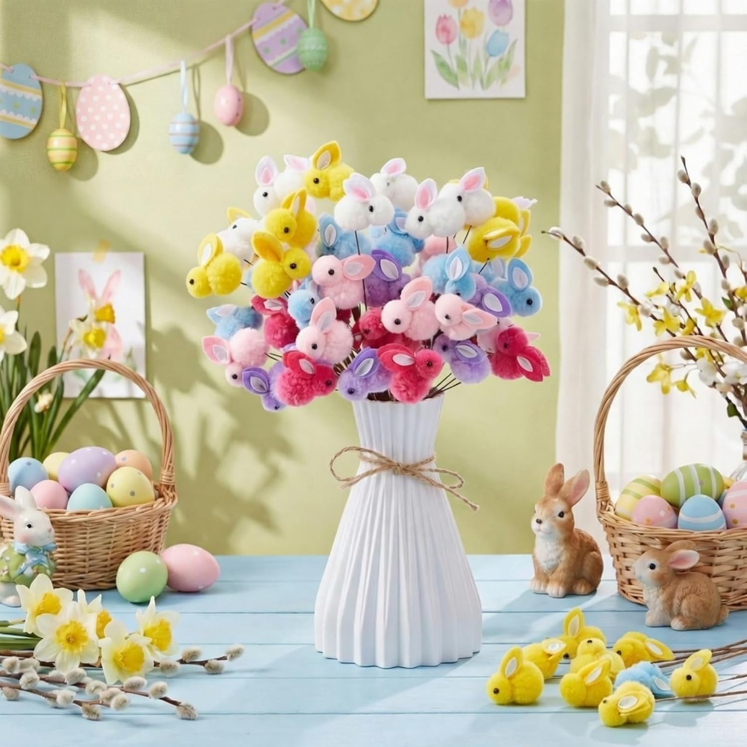 Suncalla 24 Pcs Easter Bunny Picks Easter Plush Bunny Table Decorations 9 Inch Plush Rabbit Branches Decorative Picks for Home Vase Filler Table Centerpieces Easter's Party Decor