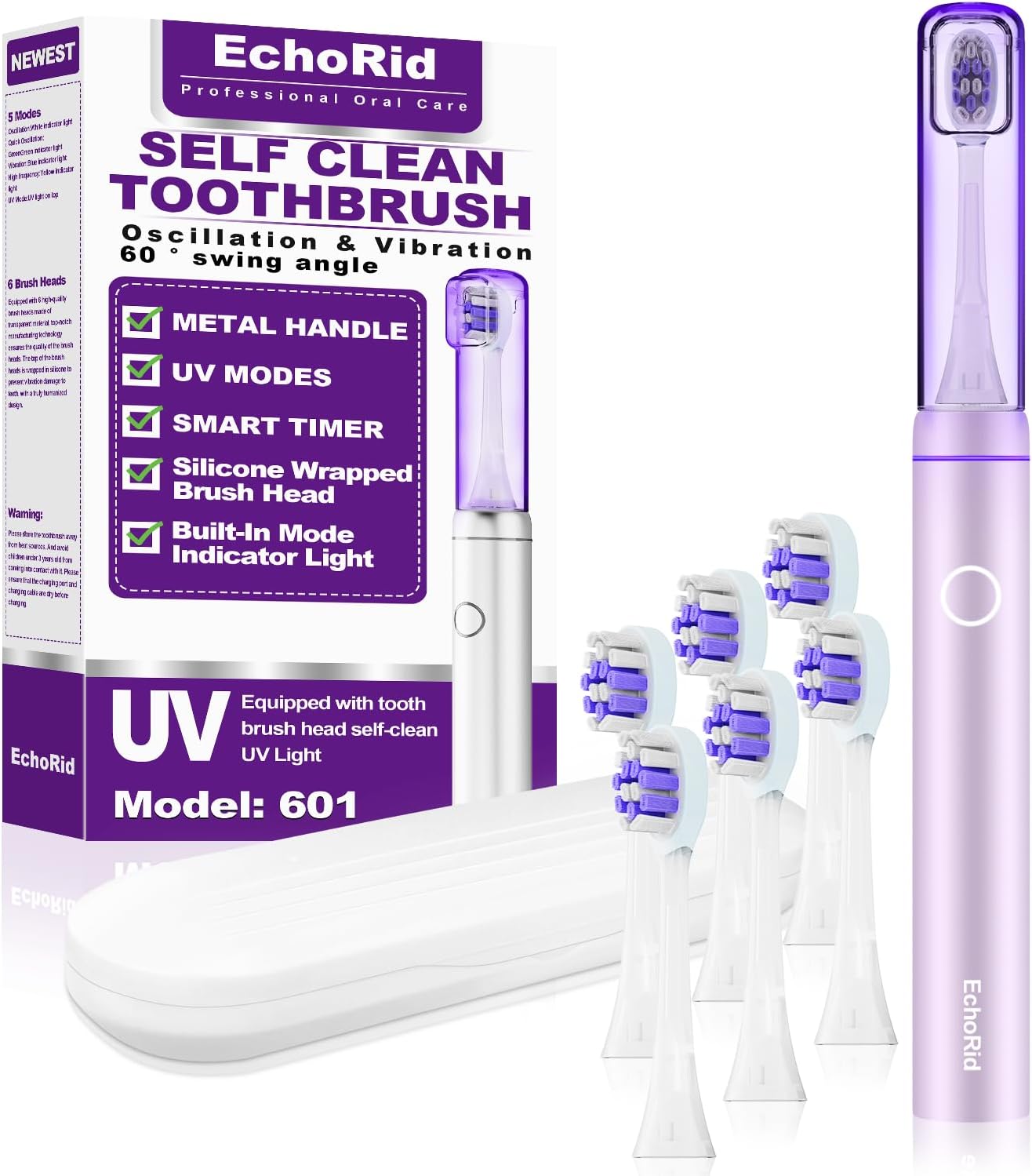 Metal Electric Toothbrush with UV Mode，Vibration and Oscillation Electric Toothbrush for Adults and Teen，6 Brush Heads & Travel Case & Dust Cover, 5 Modes & Timer, One Charge Last 120 Day（Pink）