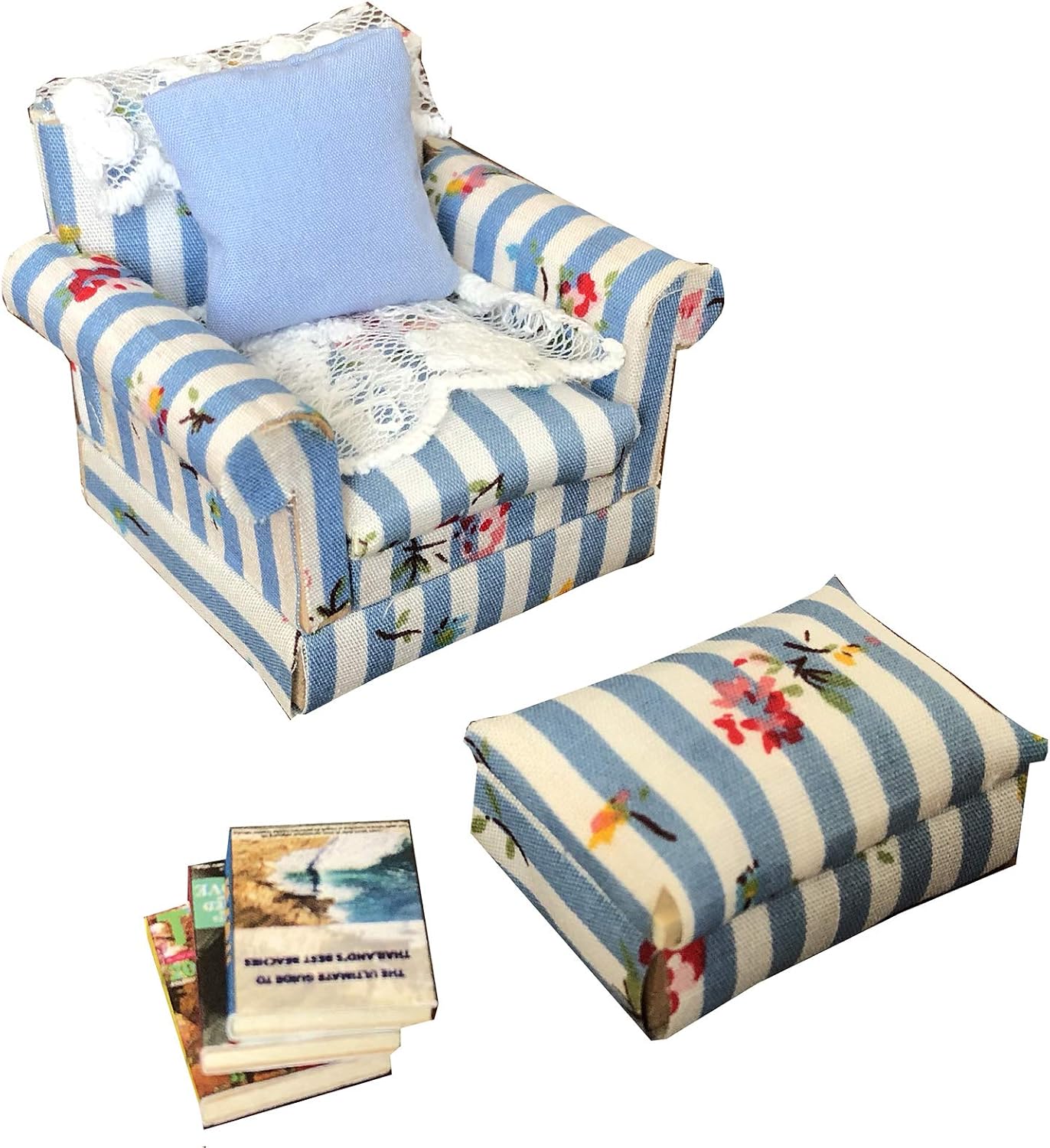 Dollhouse DIY Kit, Sofa Chair with Ottoman, Miniature Living Room Furniture Armchair, Blue White Fabric, Accessories for 3 to 4 inch Dolls, 1/24 Scale