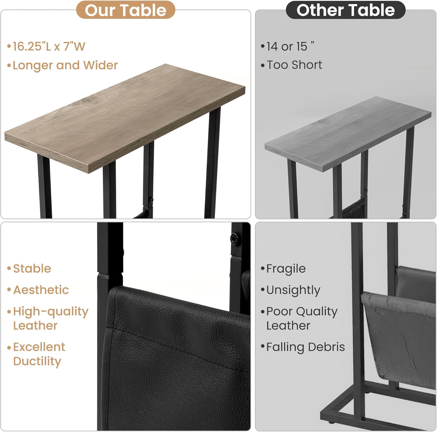 Acovy Narrow Side Table for Small Place,Metal Table with PU Leather Bag,Slim Nightstand for Reading Or Storage,Sofa Side Table for Living Room,Bedroom,Gery