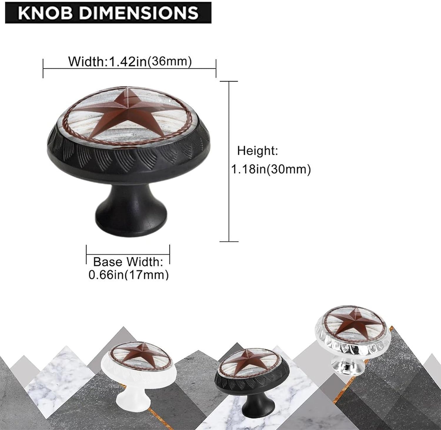 6 Pack Black Drawer Pulls Knobs, Western Texas Star Rustic Wood Cabinet Knobs Crystal Glass Dresser Knobs for Kitchen Bathroom Hardware