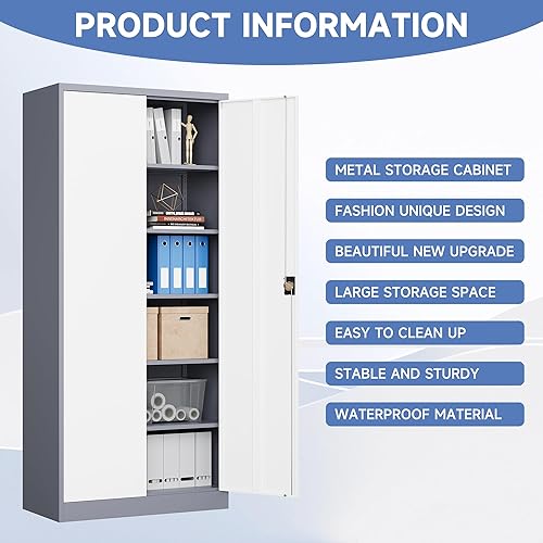 Miniatura 7 de LISSIMO Gabinete de metal, armario de almacenamiento con bloqueo con 2 puertas y 5 estantes ajustables, gabinetes de acero para herramientas de 72
