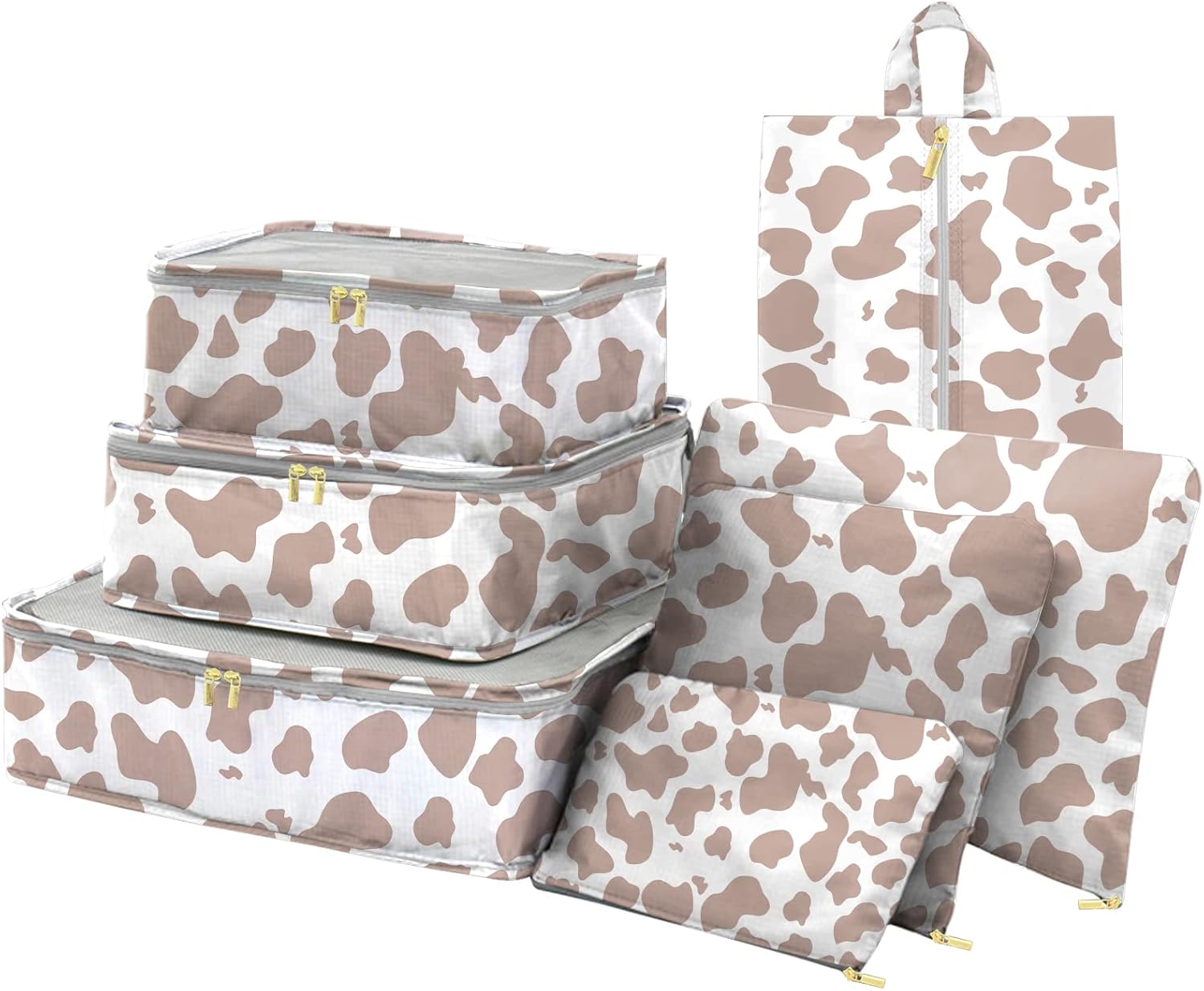 7 Set Packing Cubes Travel Luggage Organizers for Suitcase Travel Accessories with Shoe Bag for Women Girls Aesthetic Cute-Brown Cow