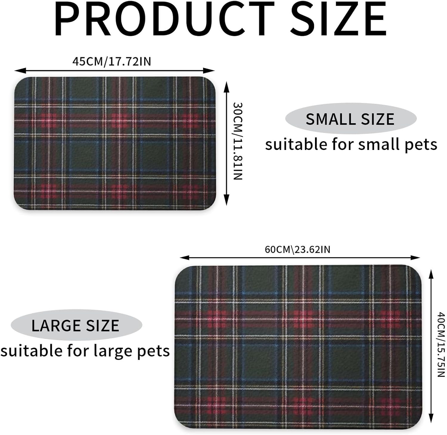 Plaid Red Green Purple Gold Leather Absorbent Pet Feeding Mat Non-Slip for Dogs Cats 40x60cm
