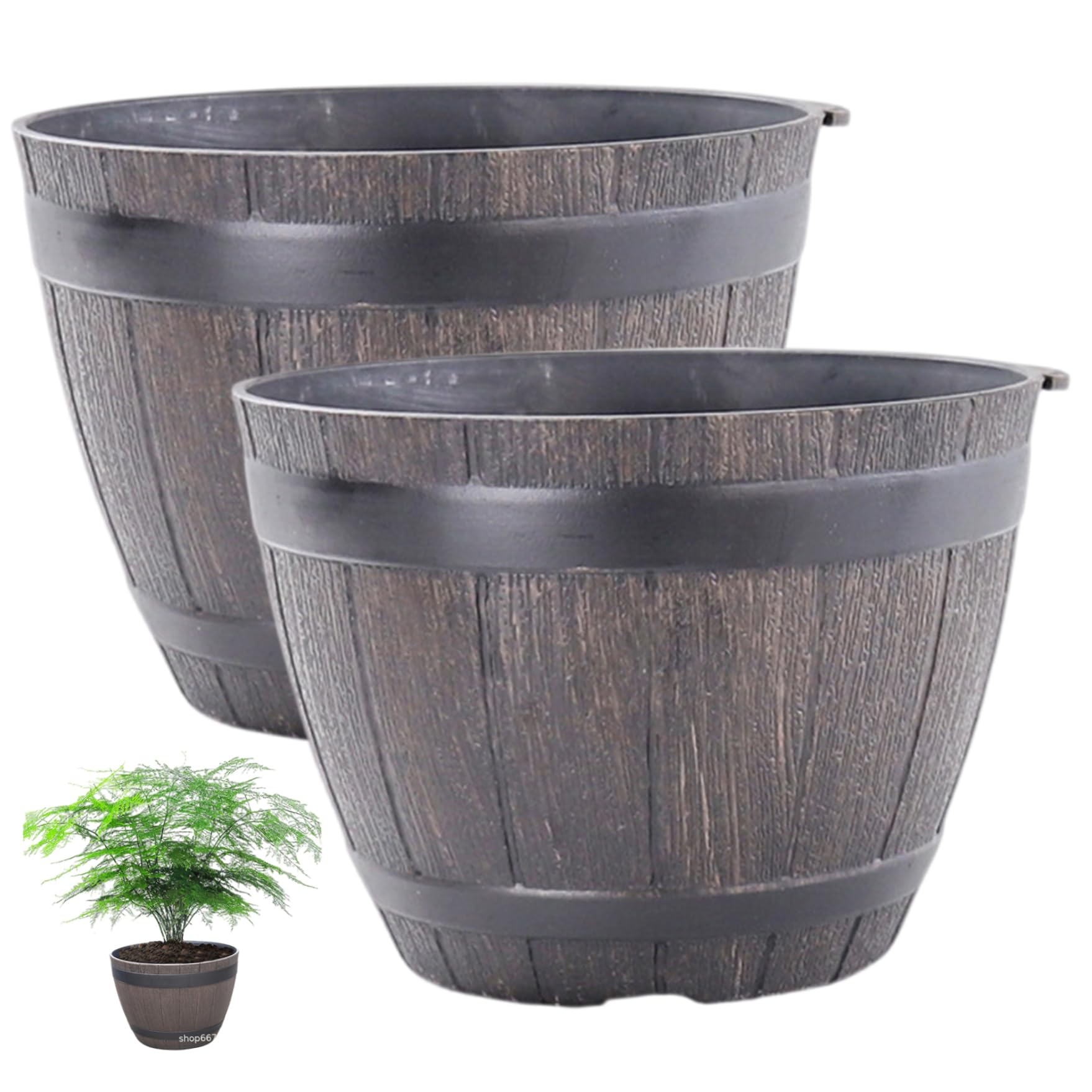 CAKEEYUM 2PCS Barrel Planter 7.5in Resin Large Pots for Plants with Drainage Wine Barrel Planter for Indoor & Outdoor Garden Yard