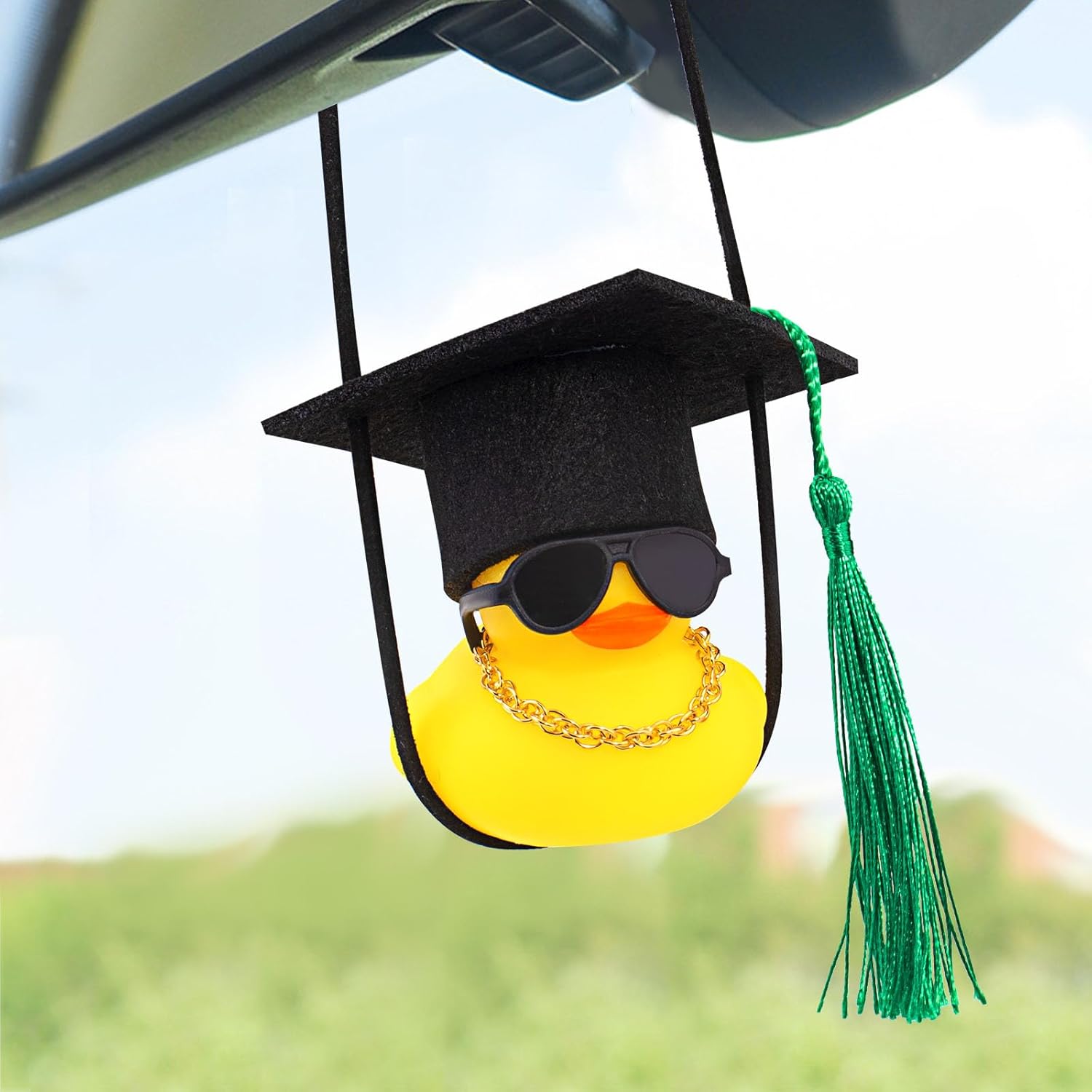wonuu Rear View Mirror Hanging, Truck Car Pendant Charms Ducky, Graduate Swinging Rubber Duck Dashboard Decorations Ducks for 2026 Graduation Ornament, Green