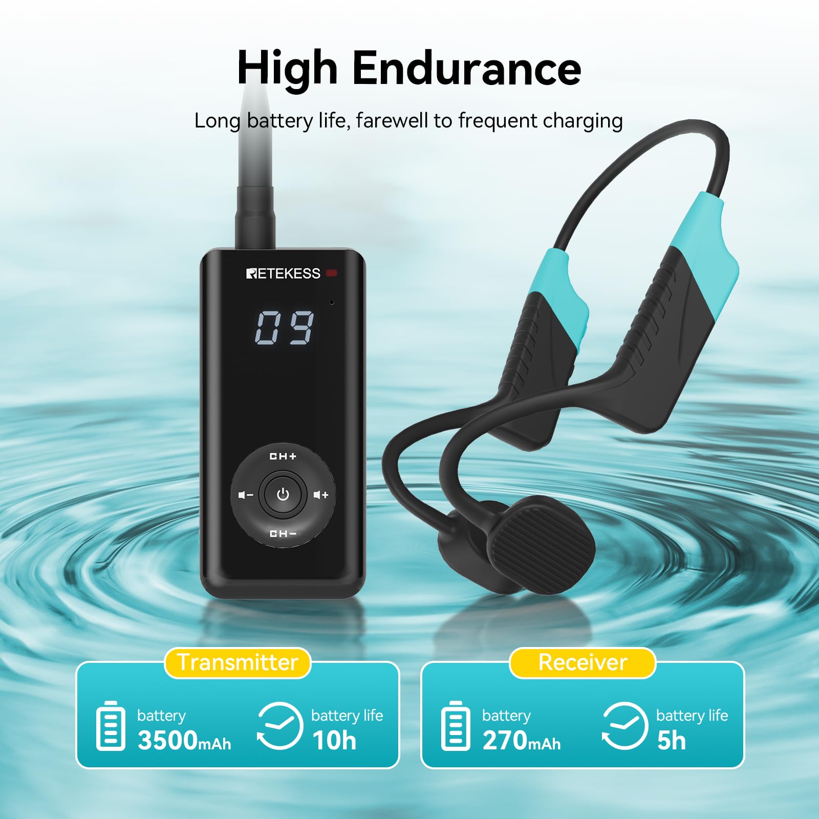 Retekess TT120 Comunicador Para Entrenadores de Natación, Auriculares de Natación Impermeables IP68, Conducción Ósea, Para Guiar el Entrenamiento,Club de Natación, (1 Transmisor, 5 Receptores)