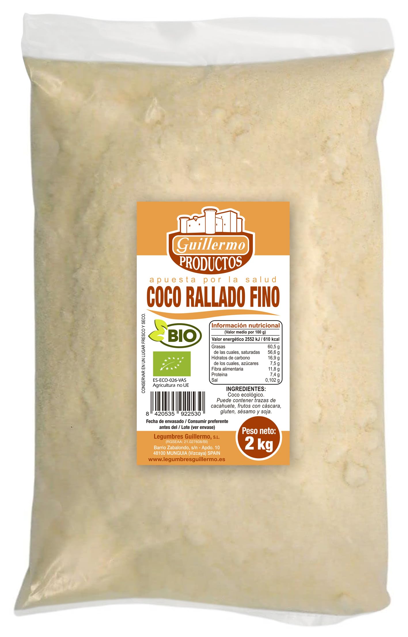 Guillermo | Coco rallado fino BIO - Bolsa 2kg. | 100% ecológico | Contiene vitamina C, vitamina B1 y vitamina B3 | Aporta nutrientes antioxidantes