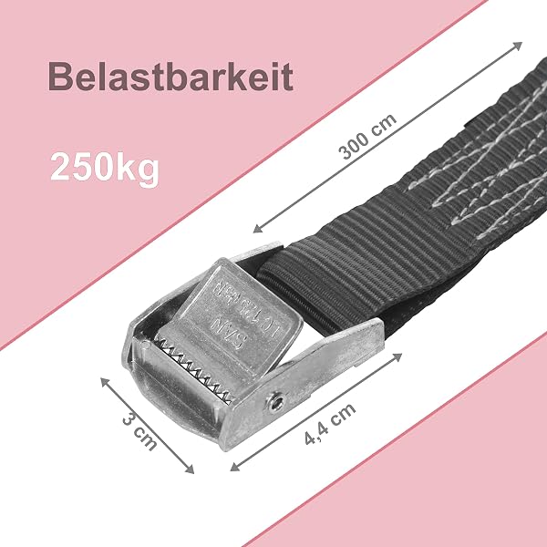 Lot de 6 Sangles d'arrimage avec Boucle, Ceinture à Blocage par Serrage, Sangles de Fixation Charge Max. 250 kg, Selon DIN en 12195-2, Longueur 3m Largeur 25mm, en Une pièce, Noire - 4