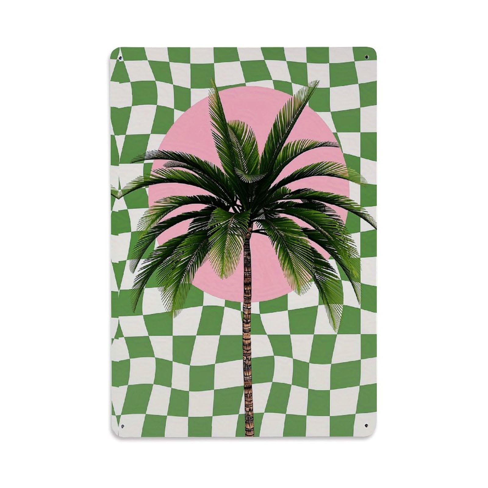 Jdfenggu Vintage Green Checkered Background Palm Tree Pink Sun Retro Metal Tin Sign, Decor Art Poster For Bar, Home, Man Cave, Kitchen, Laundry Room Gift 8X12inch