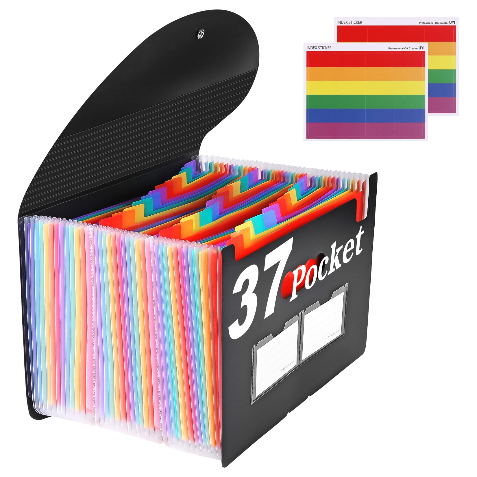37-Pocket Expanding File Folder with Labels, A4/Letter Size Accordion Document Organizer, Portable Black Folder for Office, Travel, Business, School &