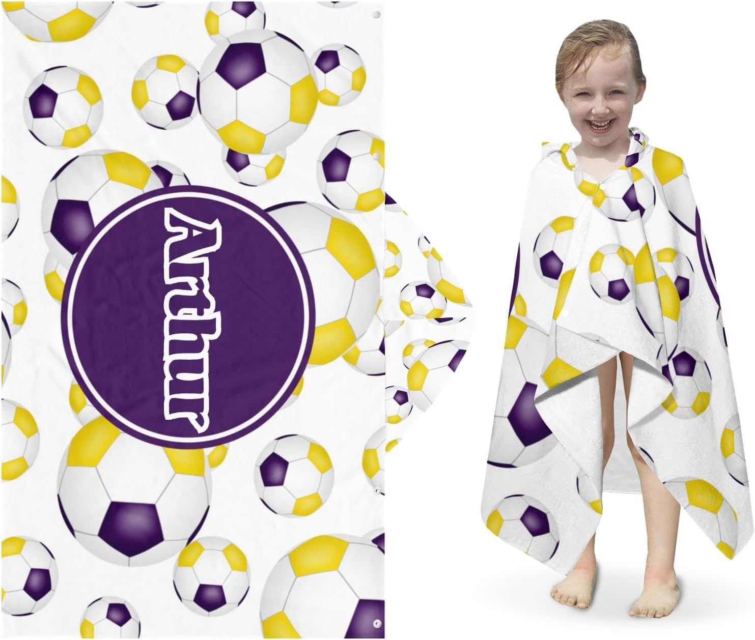 Hooded Bath Towels for Kids, Purple Gold Team Colors Soccer Balls Pattern Personalized Towel for Swimming Robe | Bathing | Beach | Birthday Gifts