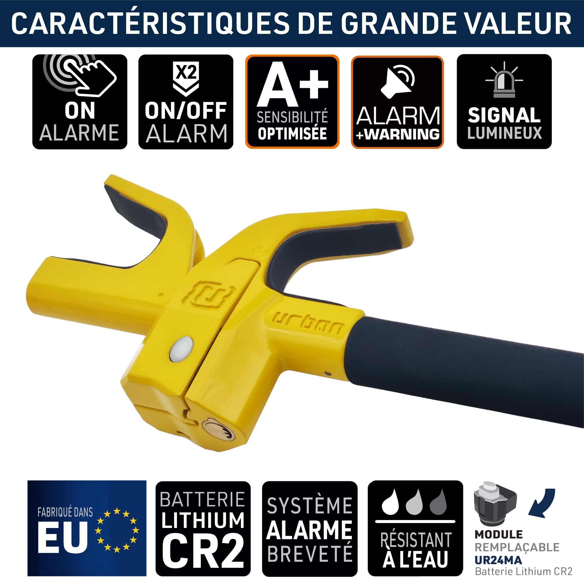 URBAN UR978Y Antivol Voiture Double Sécurité | Canne Antivol Voiture + Alarme Hi-Tech 120dB LED Warning | Sûr, Dissuassif, Résisté Tentative Vol | Bloque Volant Breveté, Barre Bloc Auto Universelle