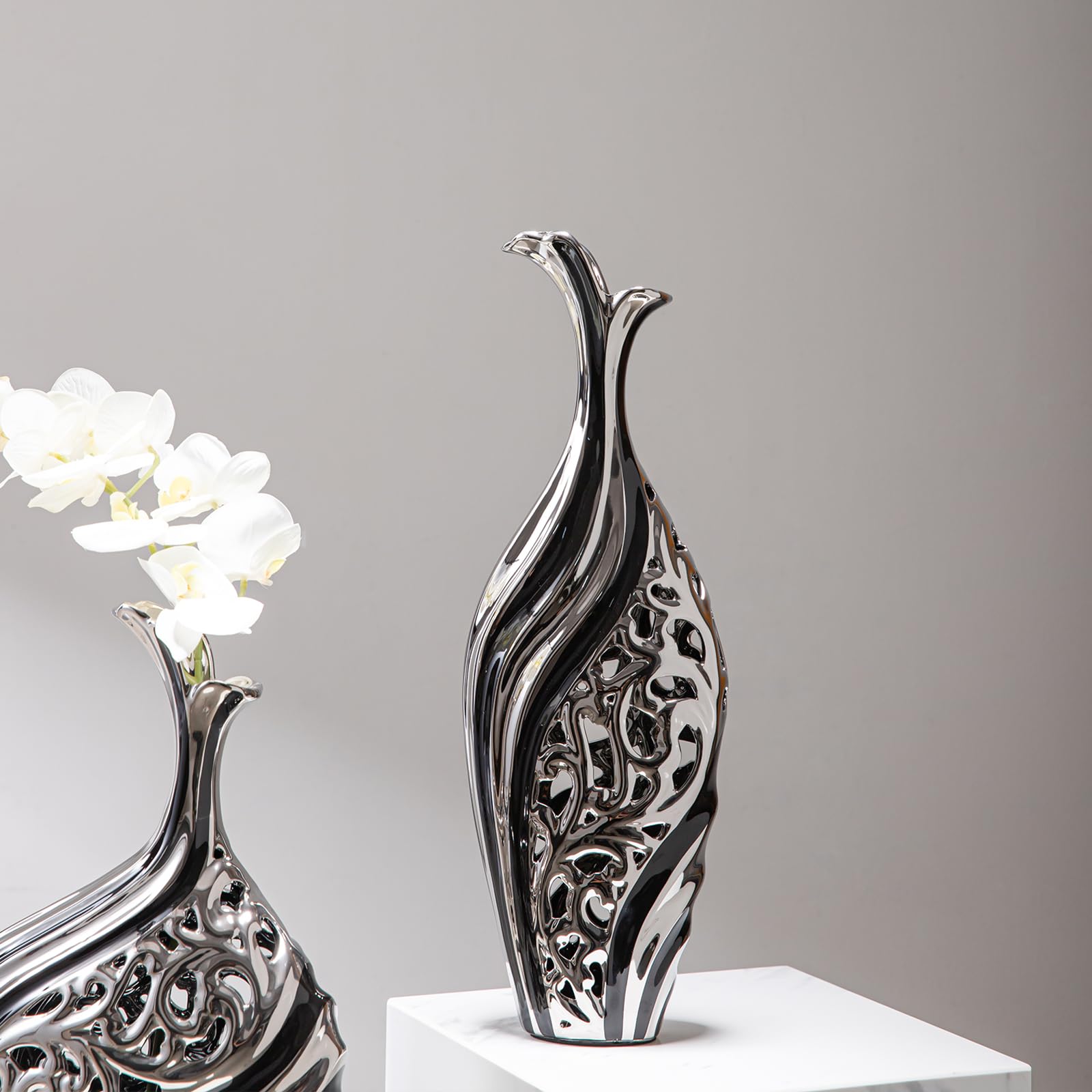 LCCCK Jarrón Alto Decorativo de Piso de 50 cm de Altura, Moderno Jarrón Grande de Piso Negro y Plateado, Decoración Premium para Bodas, Jarrón de Flores Individuales para Hierba de Las Pampas