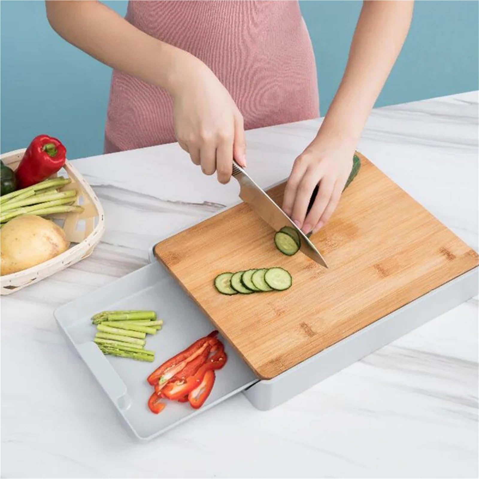 Tabla de cortar de plástico Tabla de cortar con cajón bambú, organizador plástico, cajones, multifunción, madera, for utensilios cocina