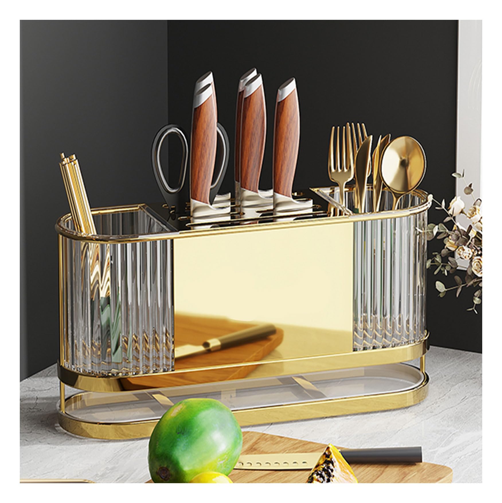 Dxcaicc Utensil Holder with Drain Tray,Knife Storage Holder with 2 Compartments,Knife and Fork Container for Countertop,Large Capacity 3 in 1 Rack for Cooking Tools,Gold