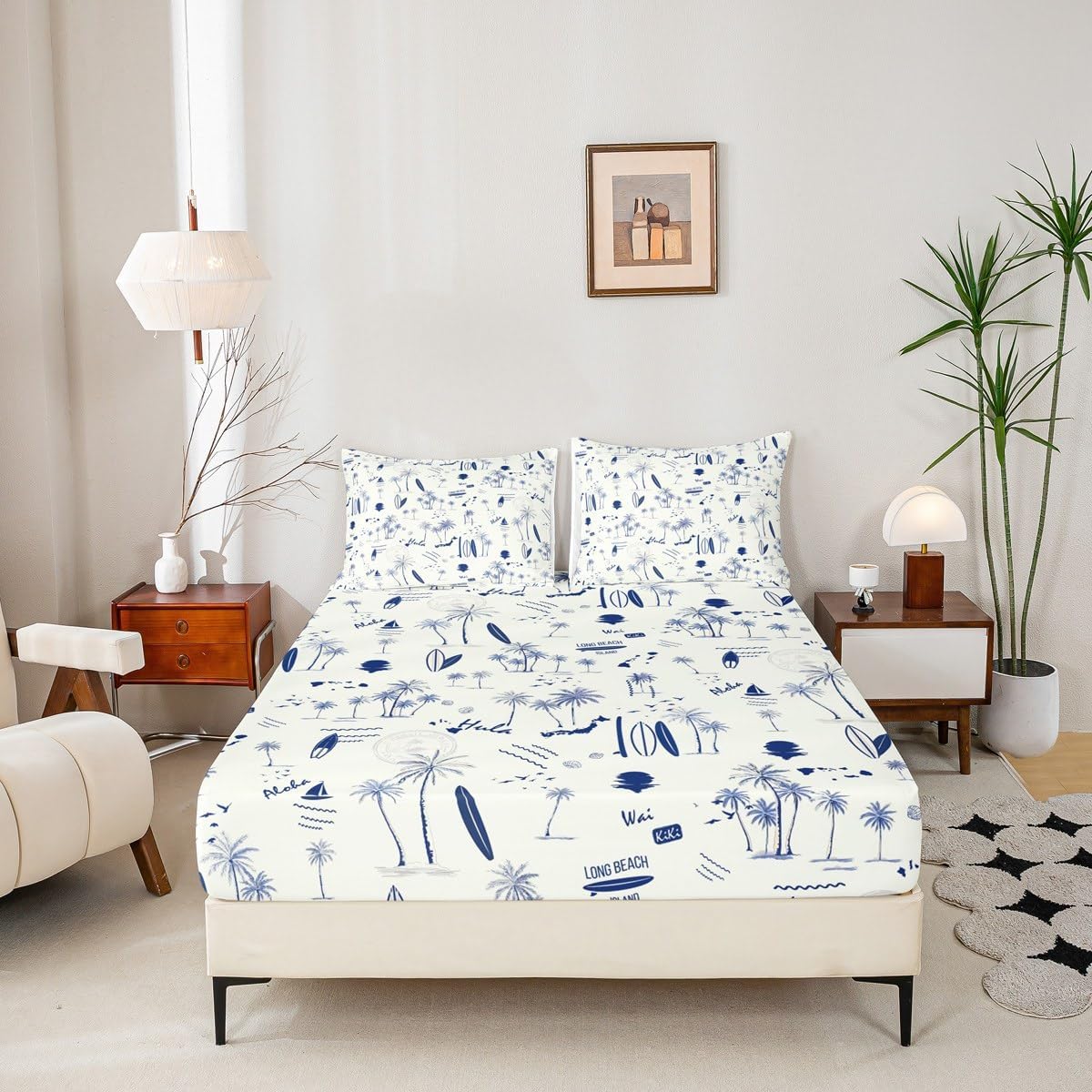 Coastal Beach Fitted Sheet Full Size,Surfboard Sailboat Palm Tree Bedding Set 3Pcs for Kids Girls Boys Teens Room Decor Summer Ocean Life Bed Sheet Navy Blue White Deep Pocket Sheet,2 Pillowcases