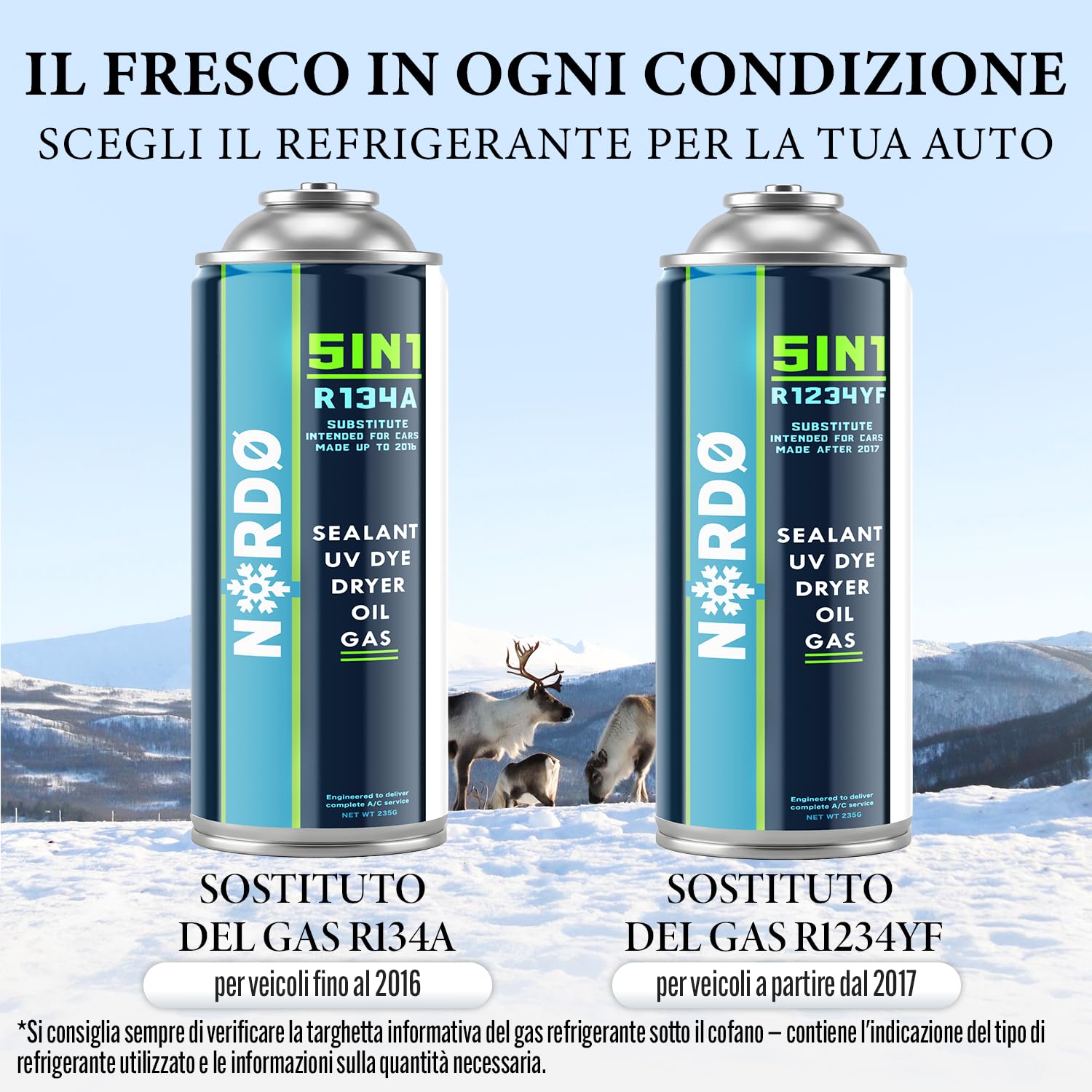 Nordo - Kit climatizzatore R1234yf – 1x 3in1 + 2x refrigerante 5in1 in bombole con olio, sigillante, colorante UV e disidratante – con tubo e adattatore YF