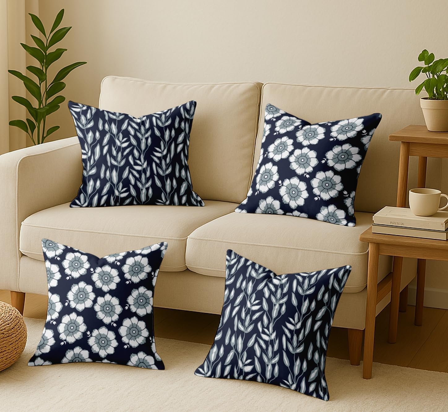 Set of 4 16x16 Inch Pillow Covers - 100% Cotton, Decorative Floral Print, Double-Sided Print with Concealed Zipper - Filler Not Included - Blue
