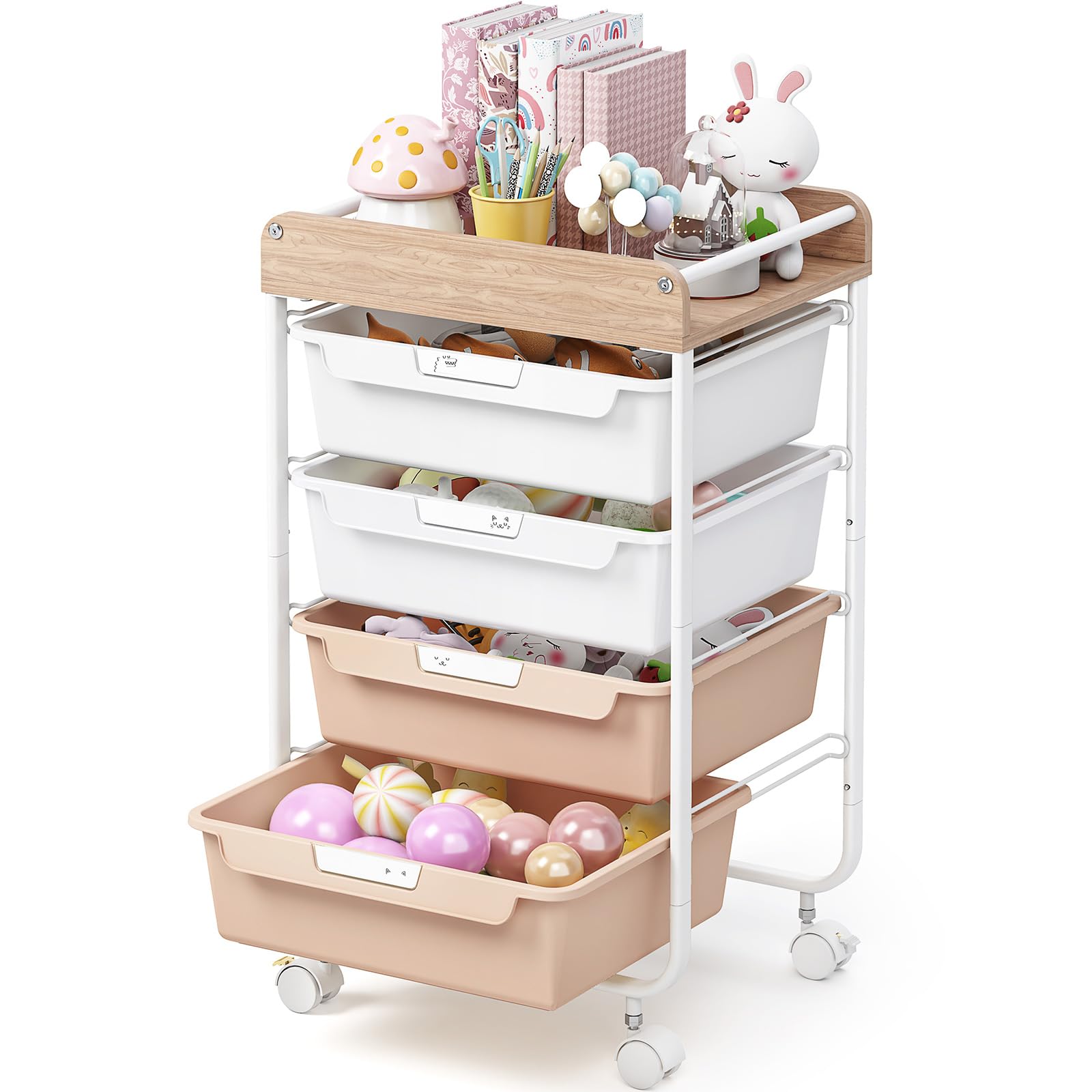 SYKIARIOL 4 Drawer Storage Trolley with Drawers, Craft Trolley on Wheels with Handles, Multifunctional Rolling Storage Organizer for School, Office, Bedroom, Living Room - Pearl