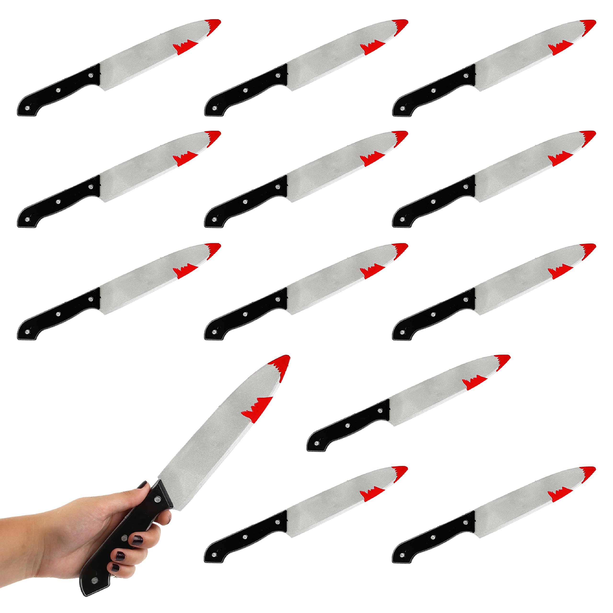 Halloween Knife - Pack of 12-30cm Long Fake Bloody Knife with Black Handle - Halloween Slasher Bloody Knife Fancy Dress Prop Accessory