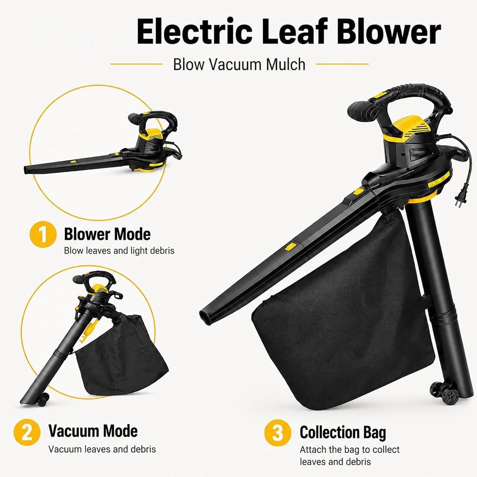 Soffiatore di foglie elettrico cablato 2-in-1, aspirafoglie trituratore