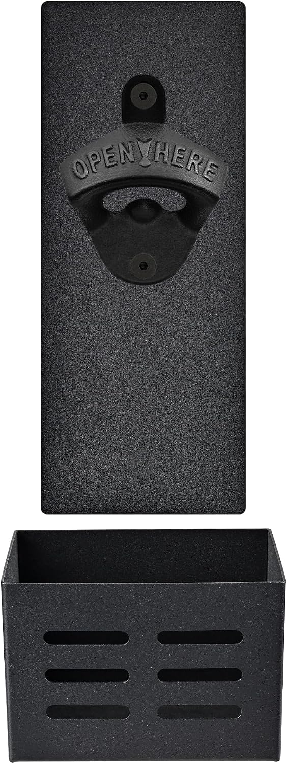 Black Magnetic Bottle Opener Wall Mounted with Cap Catcher Plate