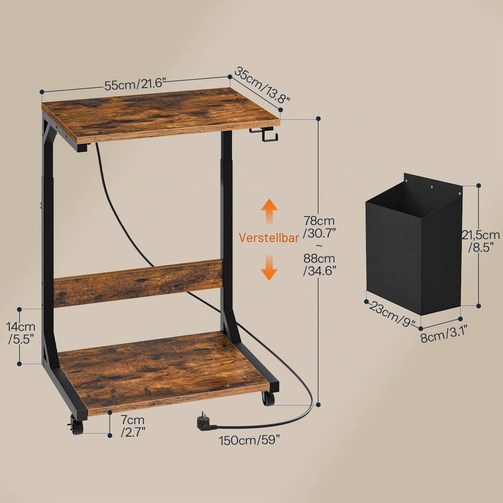 HOOBRO Druckerständer mit Ladestation, Computer Tower Ständer, Schreibtisch Drucker Cart mit Rollen, höhenverstellbar, für Wohnzimmer, Schlafzimmer, Büro, Vintagebraun und Schwarz EBF02CZJ01