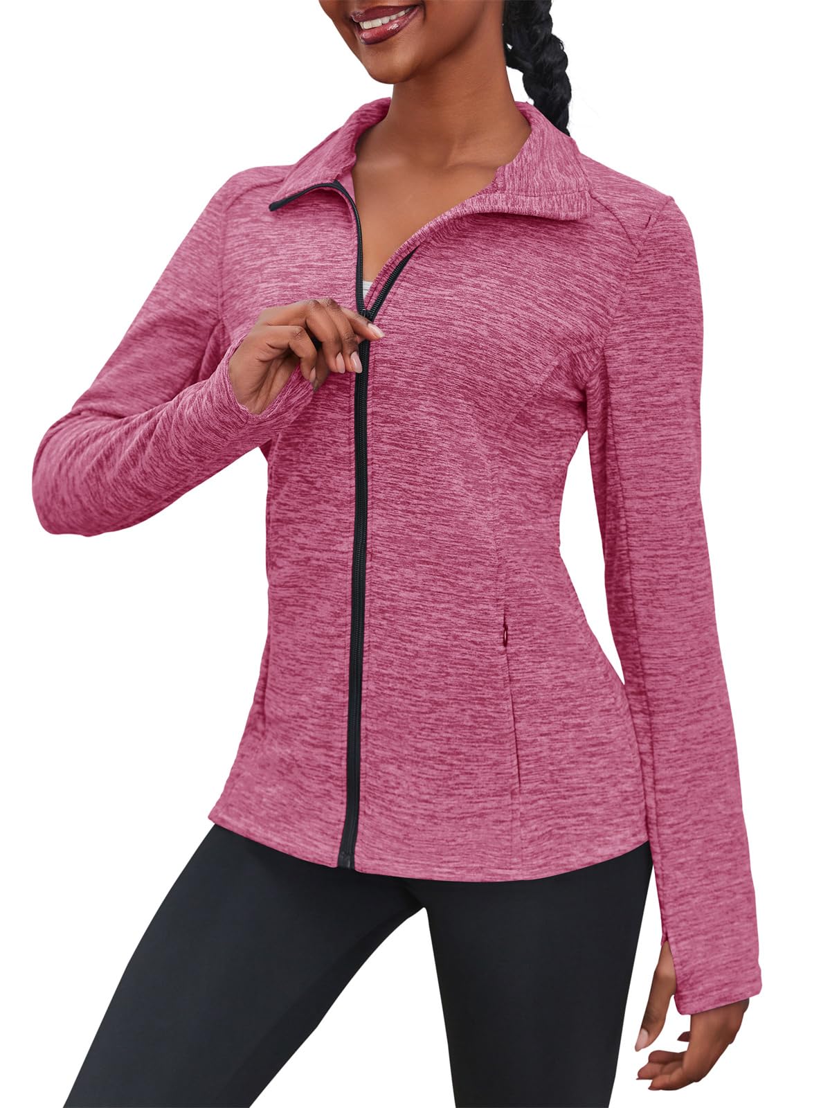 Fisoew Damen Laufjacke Slim Fit Sportjacke Langarm Trainingsjacke Fitness Full Zip Fleece Activewear mit Daumenloch Taschen