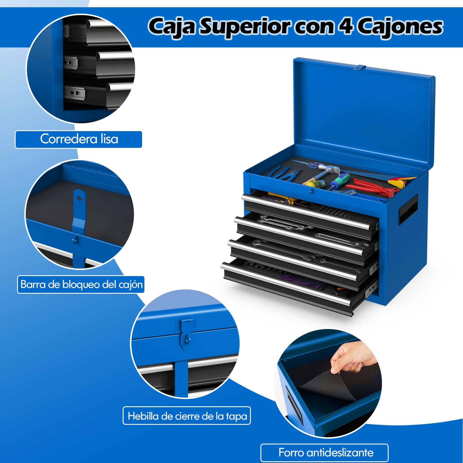 COSTWAY Caja para Herramientas Rodante de 5 Cajones, Armario para Herramientas de Gran Capacidad con Ruedas Bloqueables, Estante Ajustable y Forro Antideslizante para Garaje (Azul y Negro)