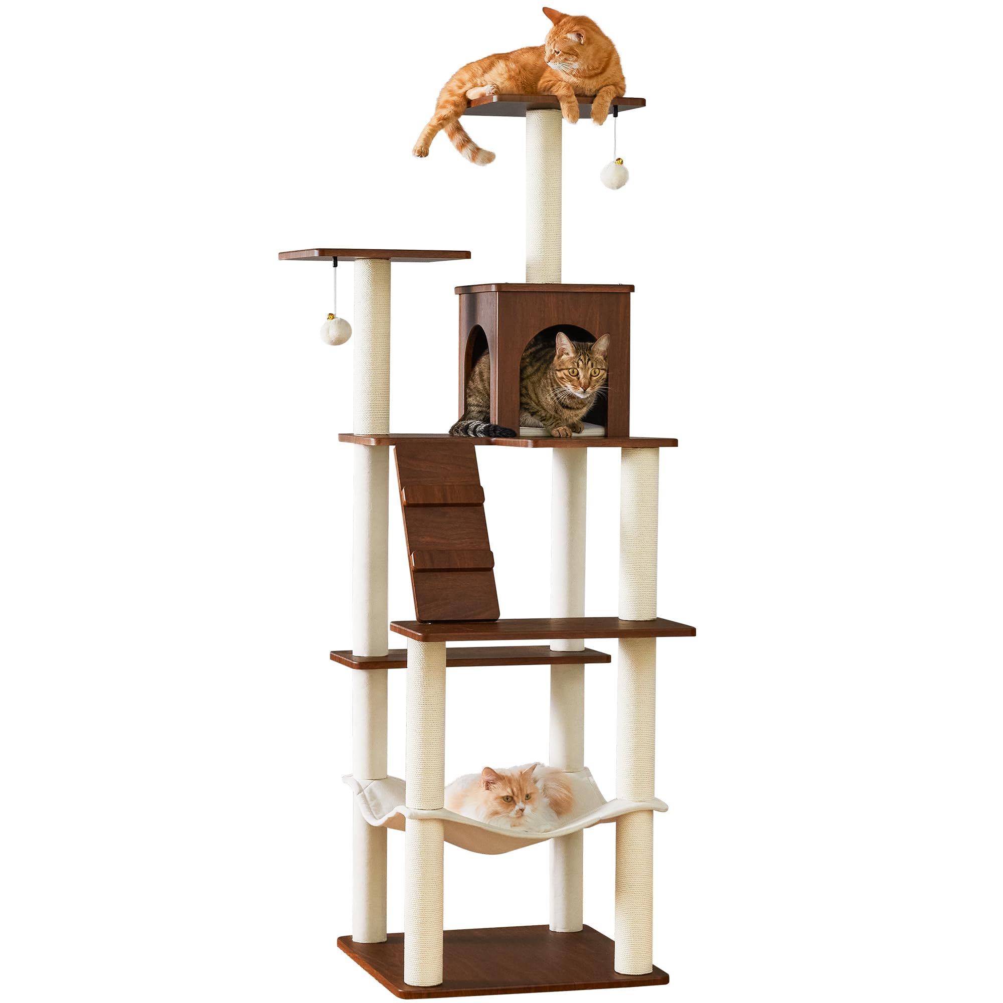 Quuzee Large Modern Cat Tree - 178 cm Tall Cat Tower for Indoor Cats, Multi-Level Cat Condo with 7 Fully Wrapped Scratching Posts,2 Spacious Perches, Hammock, Cozy Pad & Dangling Balls-Walnut Brown