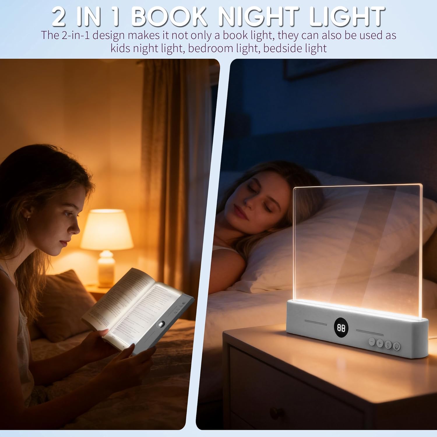 LED Book Light and Night Light 2 in 1, USB Rechargeable Clear Flat Book Light with 3 Colors & Timer, Dimmable Book Lights for Reading at Night, Scratch-Resistant, Eye-Care (White)