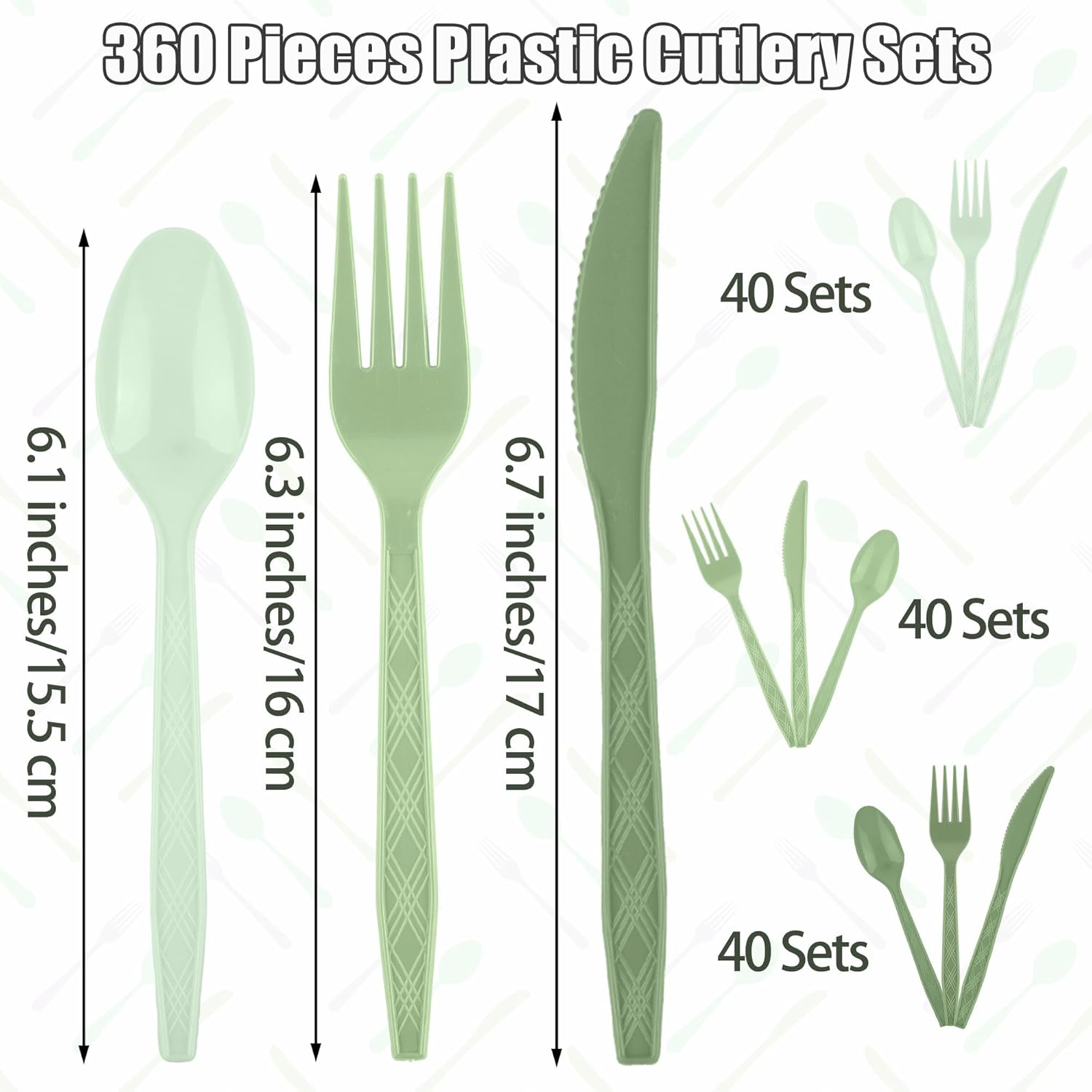 Kochorie 360 Pieces Gradient Sage Green Plastic Cutlery Set Disposable Plastic Utensils Heavy Duty Flatware Set Includes 120 Knives 120 Forks 120 Spoons for Birthday Wedding Baby Shower Party, Picnic
