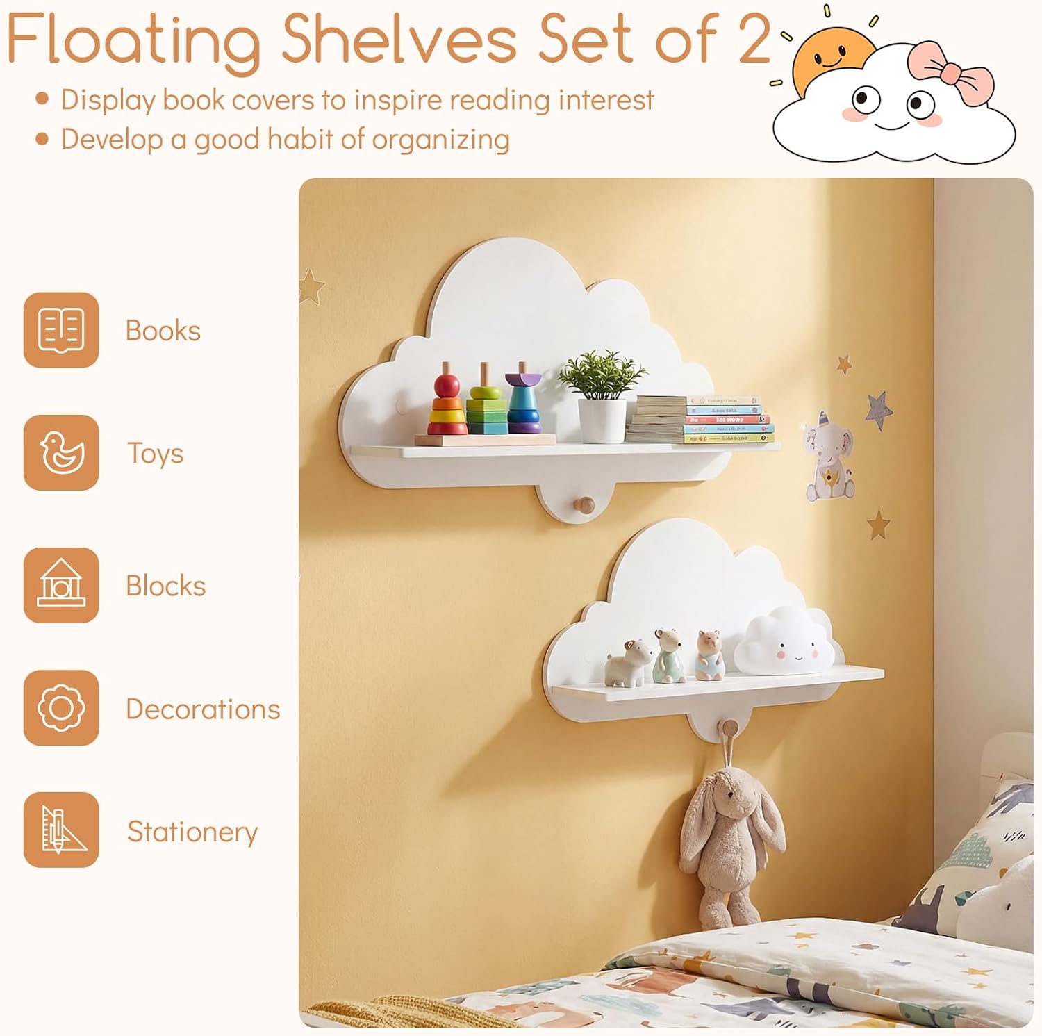 Costzon 2 Pieces Floating Cloud Shelves, Wall Mounted Kids Bookshelf w/Compartments, Cute Corner Bookshelves, Space Saving Wall Shelves for Kid's Room, Nursery, Playroom & Bedroom (Cloud)