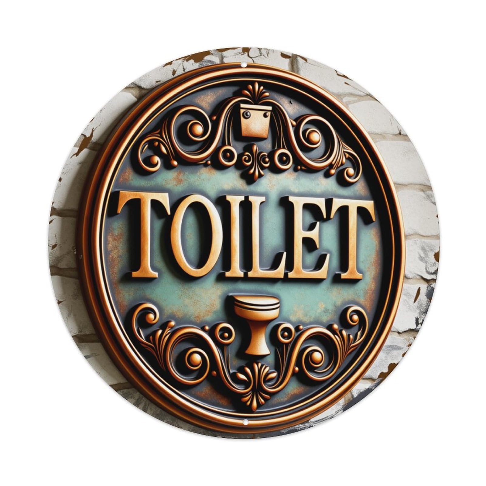 Ornate Bronze Toilet Sign Pattern Vintage Round Tin Sign Retro Metal Wall Decor Metal Poster, Home Bar Garage Farmhouse Cafe Wall Art Decoration 8x8Inches