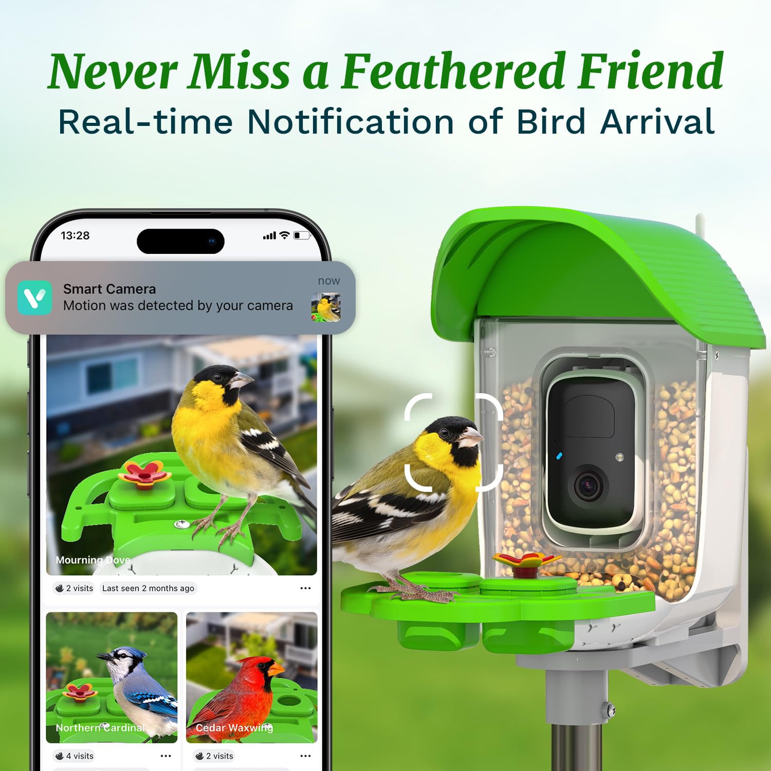 Smart Bird Feeder with Camera Solar Powered, AI Identify 11000+ Birds Species,2K Video Bird Feeder for Outdoors Garden,1L Large Capacity, for Birdlover,Green