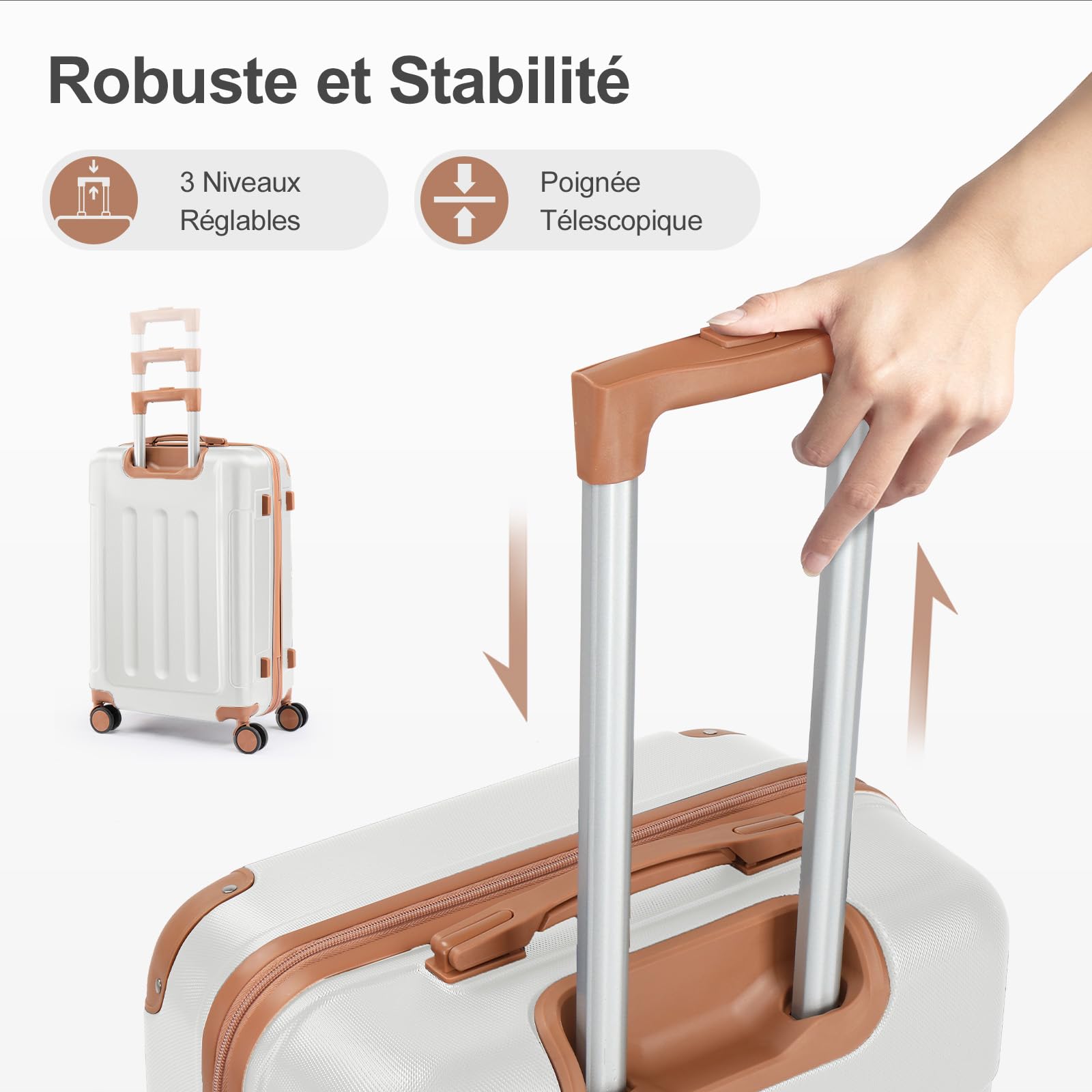 LALAHO Set de 4 Valises avec Vanity Case, Valise Grande Taille & Cabine, Petite Valise, ABS avec Coins Renforcés, roulettes Pivotantes 360° (Beige-Marron)