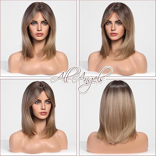 Miniatura 4 de HAIRCUBE Pelucas de color marrón degradado para mujer, peluca rubia ceniza con flequillo de cortina, longitud al hombro, peluca sintética natural
