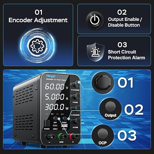 Vista 13 de Fuente de alimentación de CC variable, fuente de alimentación de banco de 30 V 10 A con codificador perilla de ajustes gruesos y finos, fuentes