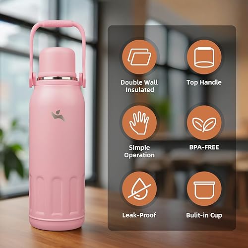 Miniatura 3 de Botella de agua aislada con asa y correa, vaso de viaje al vacío con tapa de taza, taza de café térmica para bebidas frías y calientes, 50 onzas,