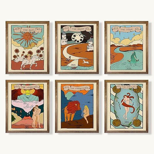 YUMKNOW Decoración bohemia hippie para habitación, juego de 6 tarjetas de tarot sin marco de 8 x 10 pulgadas, bonitas cartas de tarot impresas para