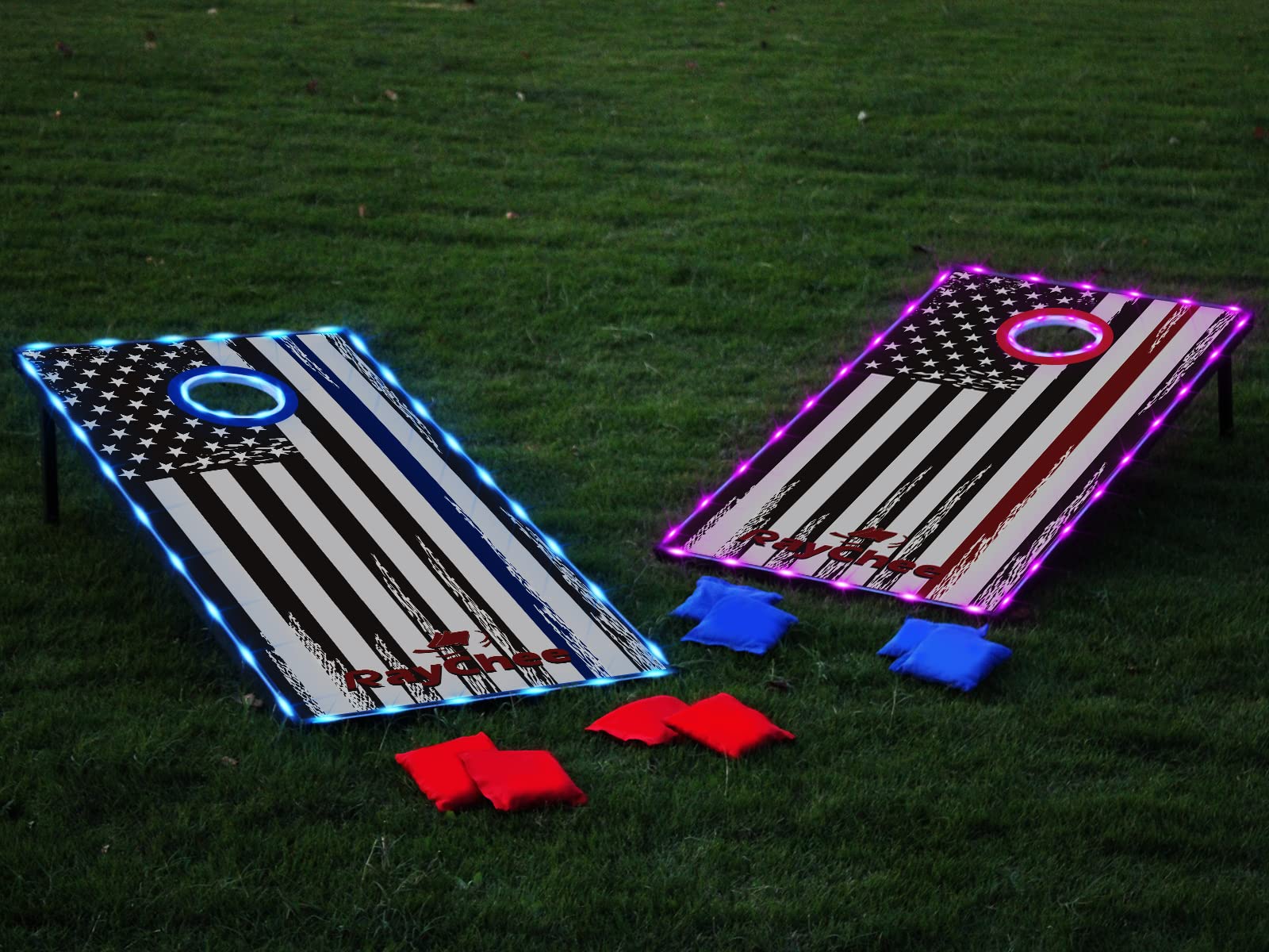 RayChee LED Cornhole Set, 4'x2'/3'x2'Regulation Size Cornhole Boards Games Set, Corn Holes Outdoor Game, Corn Hole Game Set w/ 2 Boards, 8 Beans Bags for Backyard, Beach, Lawn