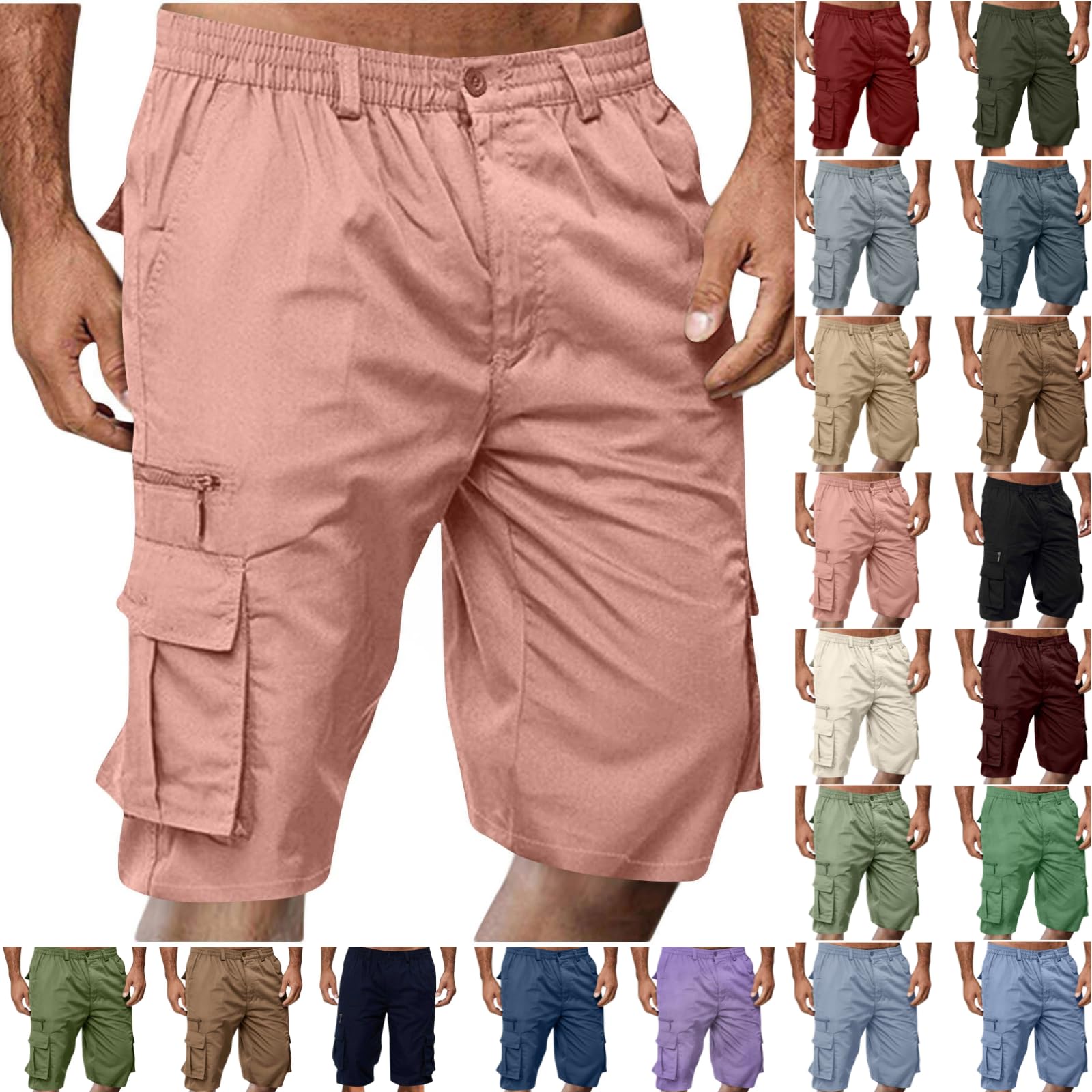 Cargo Shorts for Men,Summer Casual Elastic Waist Big Tall Baggy Shorts Lightweight Hiking Short with Multi Pockets