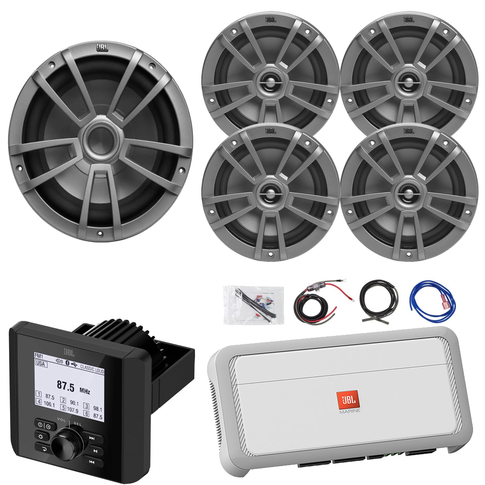 Bluetooth Radio IP66 Multi-Element Digital Media Marine Audio Receiver, 4X 6.5 180W Peak 2-Way Multi-Element Gray Boat Speakers, 10