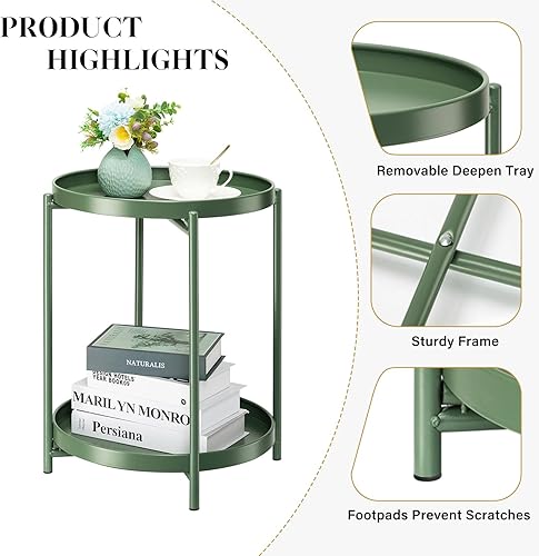 Miniatura 5 de danpinera Mesa auxiliar de metal de 2 niveles con bandeja extraíble, mesa auxiliar plegable al aire libre, mesa auxiliar pequeña, mesa de noche