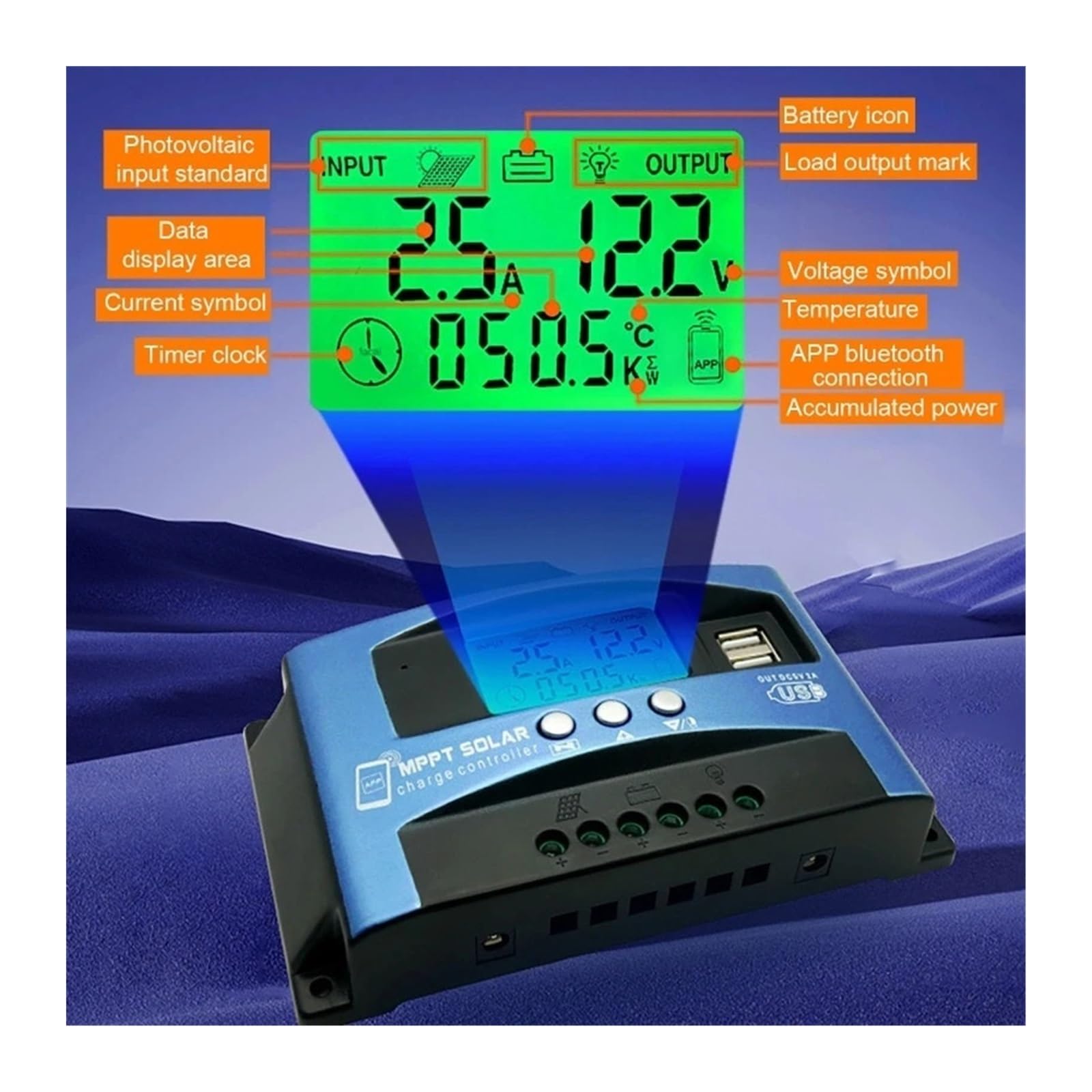 Kontroler ładowania słonecznego, 12V 24V 36V 48V 60V MPPT Regulator Ładowania Słonecznego Wyświetlacz LCD Z Bluetooth Podwójny Port USB Do Baterii Litowo-ołowiowej 100A 60A 40A 30A(Only 12V 24V,100A)