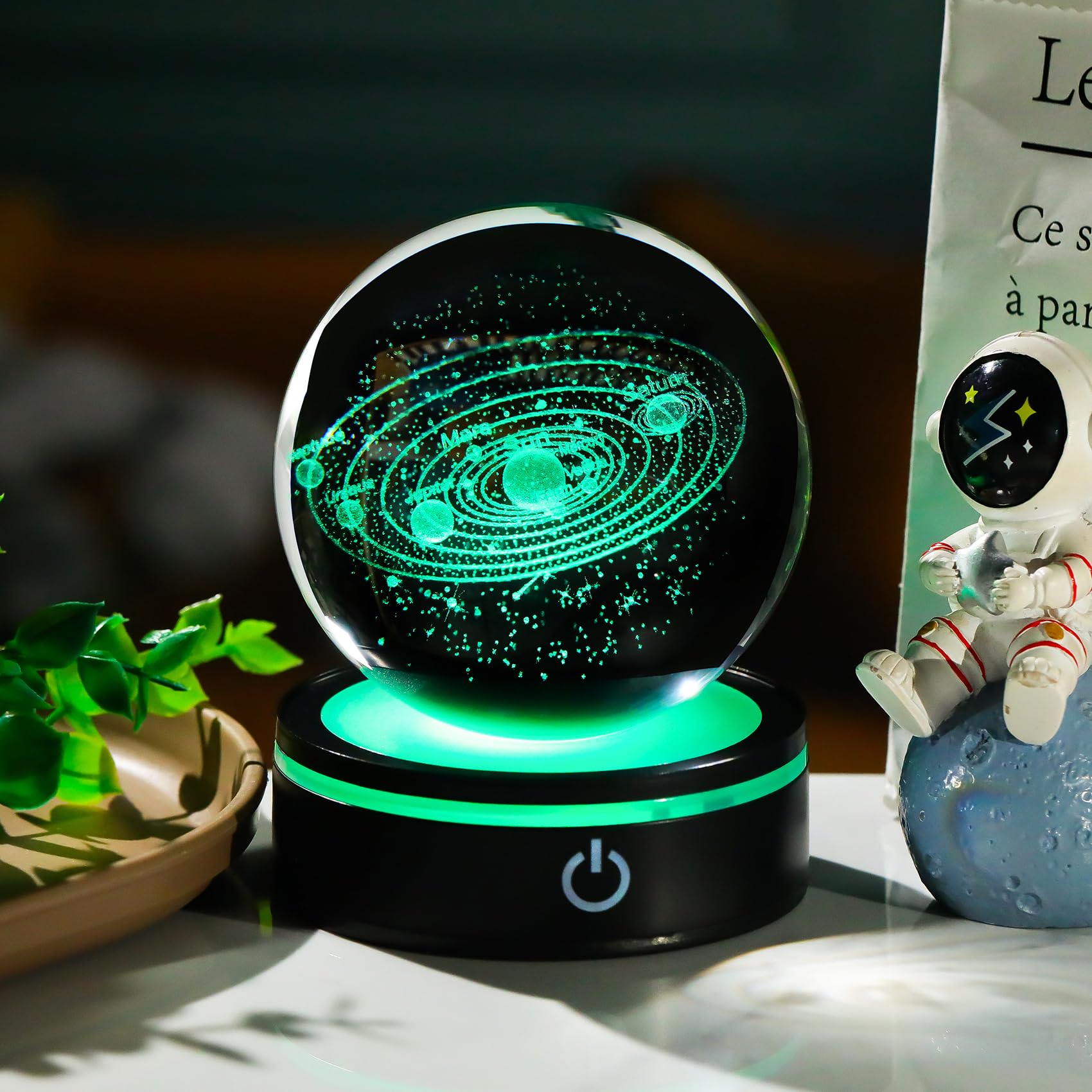 YWHL Sfera di cristallo con sistema solare 3D, 80 mm, con base luminosa, incisa al laser, in vetro, modello a sfera, luce notturna, decorazione spaziale, universo, astronomia, regali per donne,