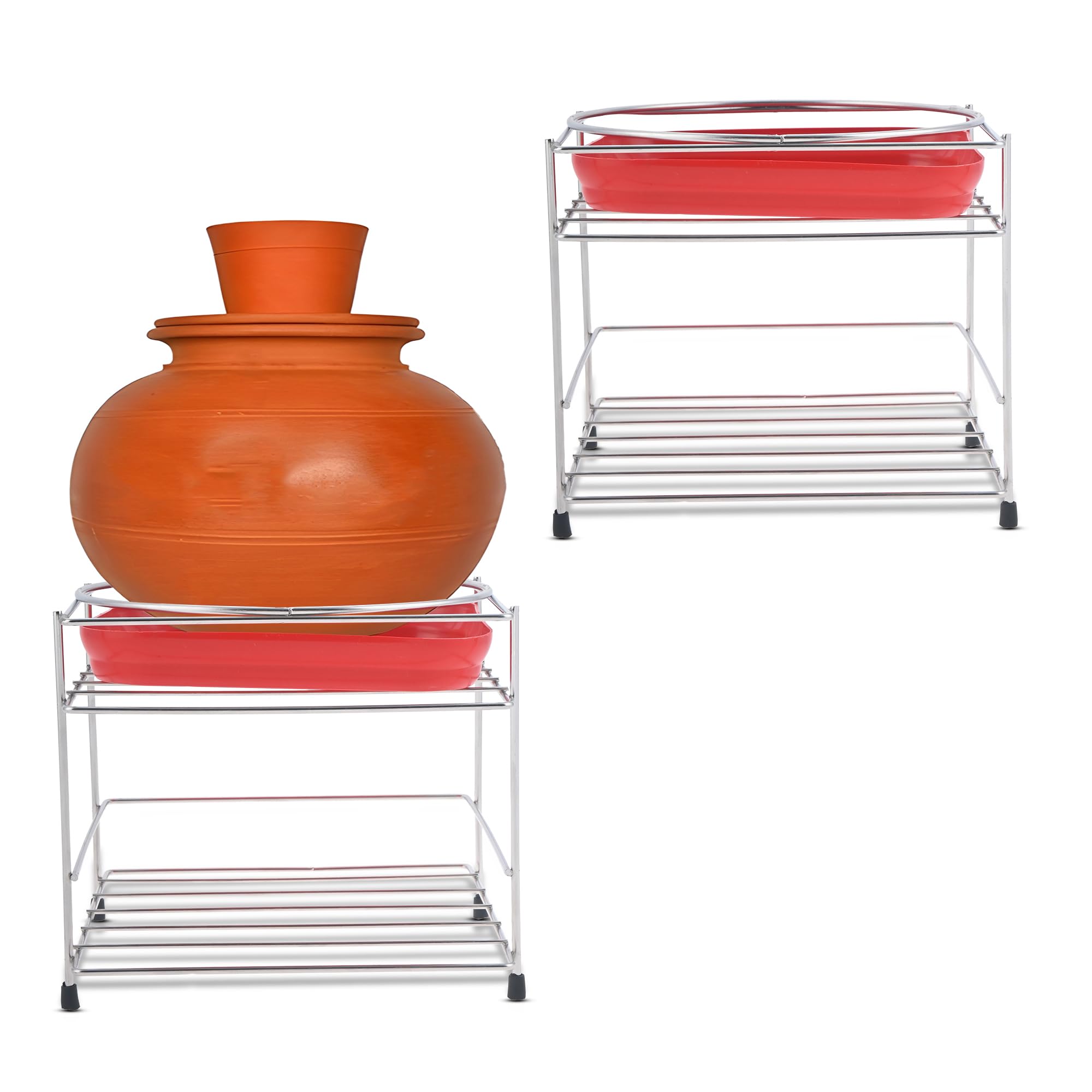 Kuber Industries 2 Pcs Round Surface Stainless Steel Matka Stand for Water Pot with Detachable Tray Holder and Glass Organizer | Earthen Pot/Water Dispenser/Matka Stand for Kitchen | Silver-image-27