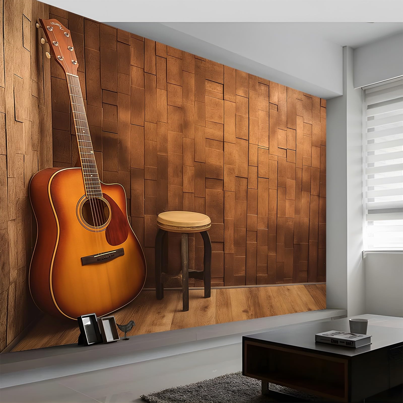 Carta da Parati Fotografica Studio Di Musica Country Chitarra Marrone Design per Pareti Camera - Fotomurale Tessuto Non Tessuto Colla Non Inclusa 300x210 cm
