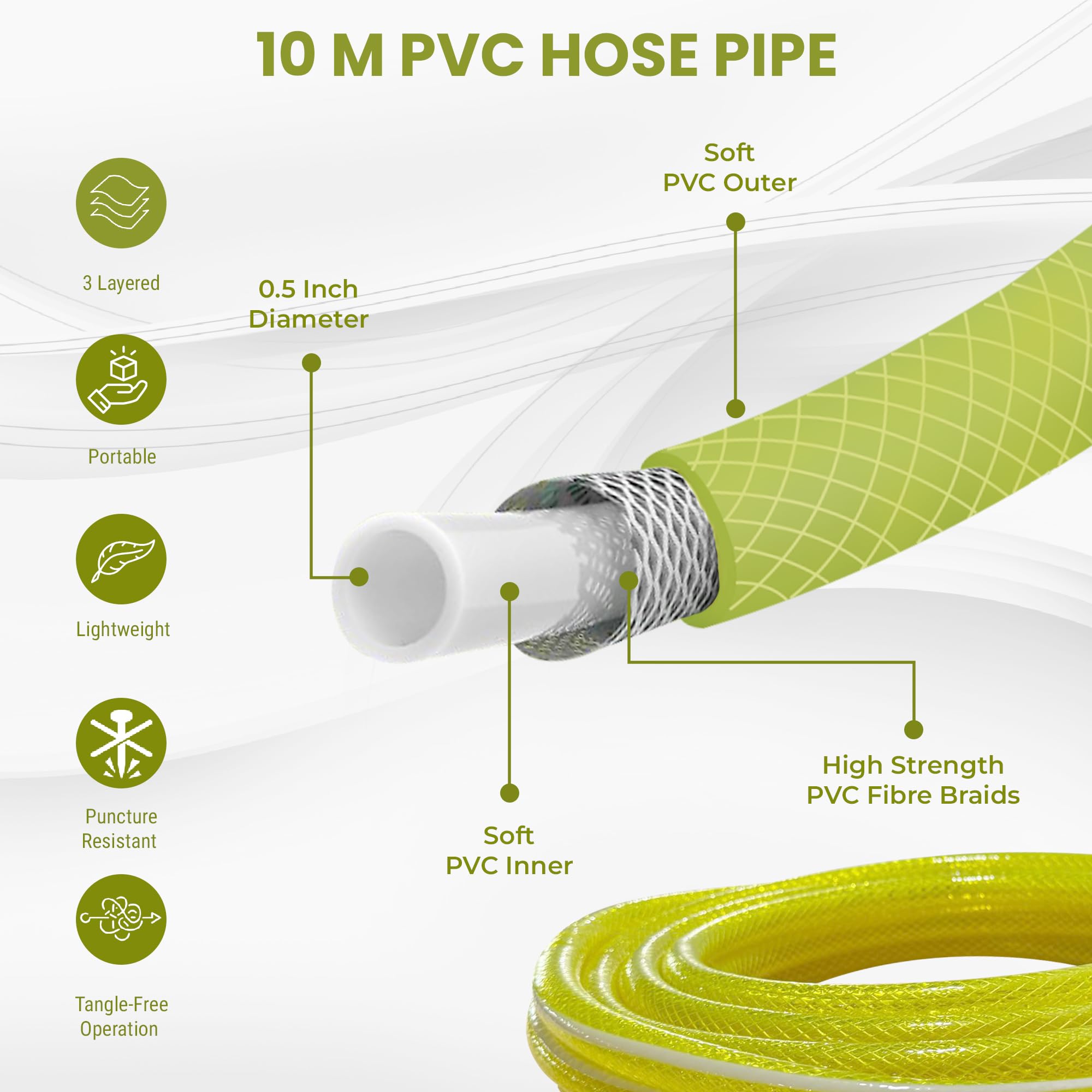 Roots and Leaf 10M 0.5 Inch Braided PVC Garden Hose Pipe with 8 Pattern Spray Gun with 4 Clamps and tap Adaptor - Yellow | Heavy Duty Water Pipe for Garden, Car Washing, Garden Pipe for Home - Image 4 thumbnail
